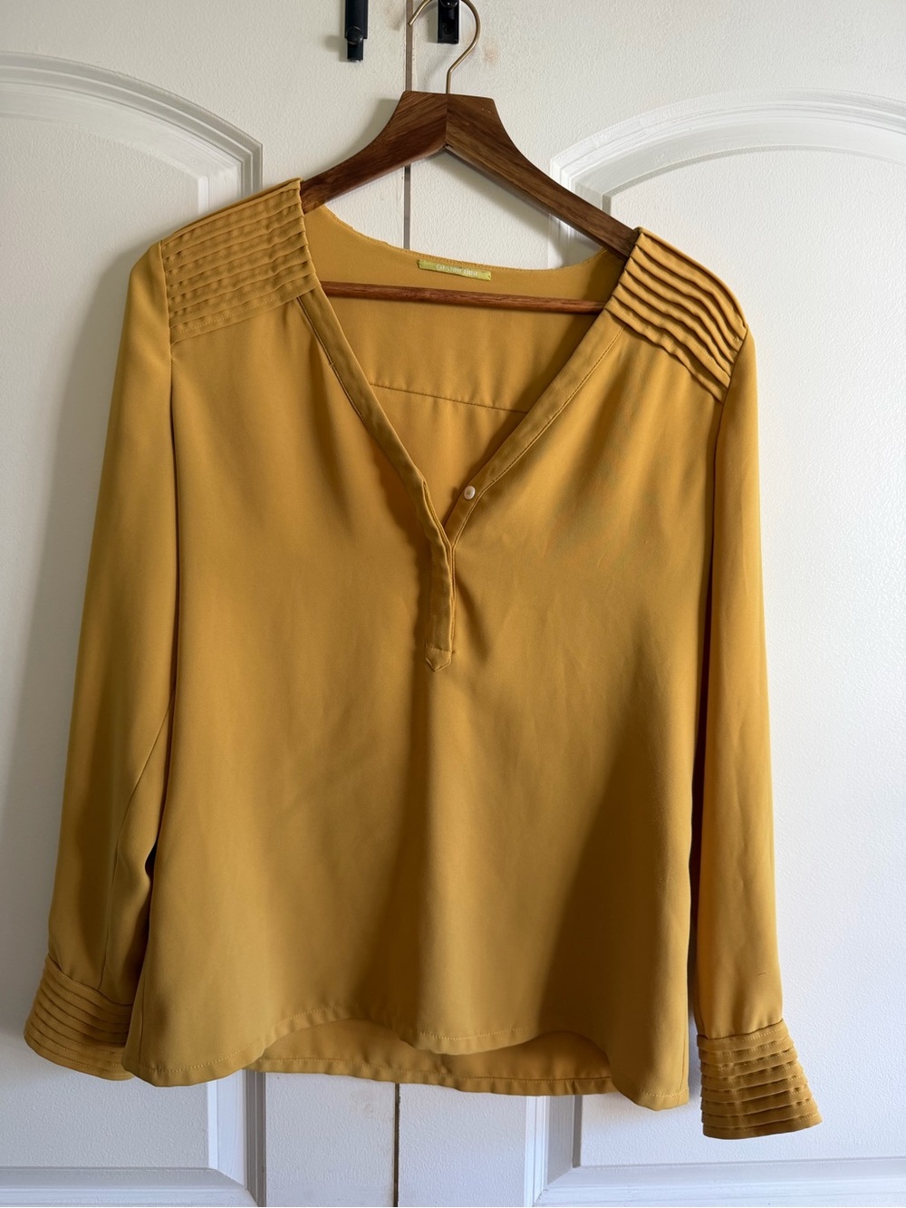 Gianni Bini Mustard Yellow V-Neck Pintuck Shoulder Blouse